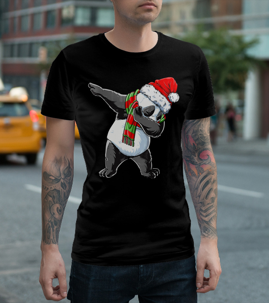 Panda Dabbing Santa Hat Red Green Scarf T-Shirt
