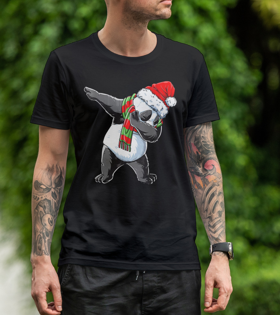 Panda Dabbing Santa Hat Red Green Scarf T-Shirt