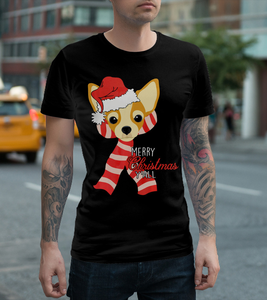 Merry Christmas Y'all Chihuahua Dog With Santa Hat And Scarf T-Shirt