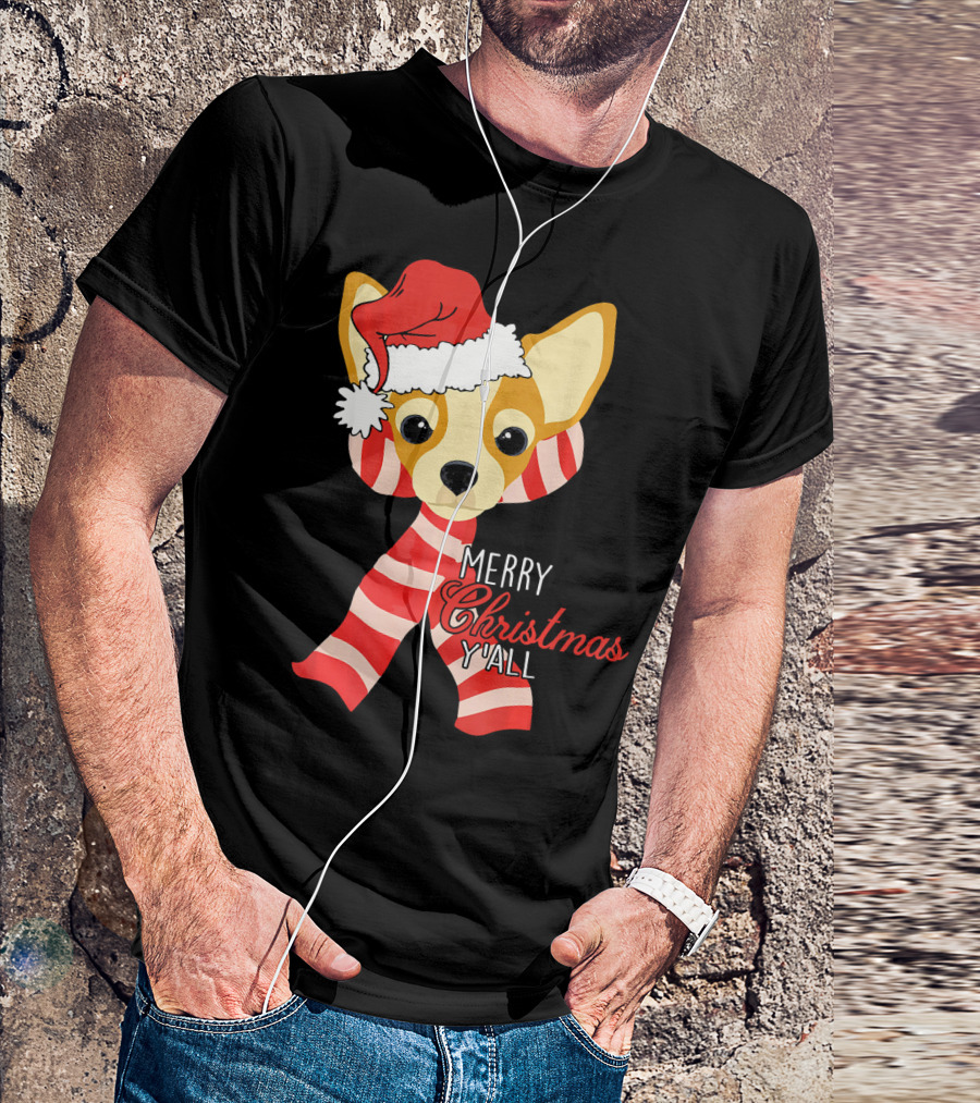 Merry Christmas Y'all Chihuahua Dog With Santa Hat And Scarf T-Shirt