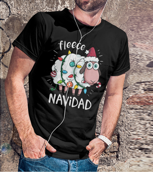 Fleece Navidad Funny Cute Sheep With Christmas Lights And Santa Hat T-Shirt
