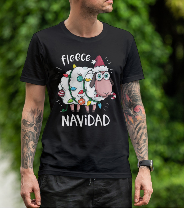 Fleece Navidad Funny Cute Sheep With Christmas Lights And Santa Hat T-Shirt