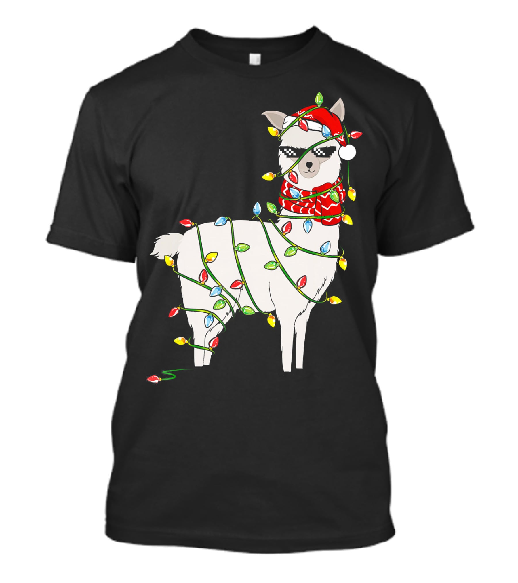 Llama Wrapped In Christmas Lights Wearing Santa Hat And Scarf T-Shirt