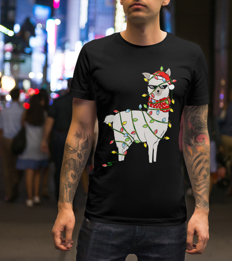 Llama Wrapped In Christmas Lights Wearing Santa Hat And Scarf T-Shirt
