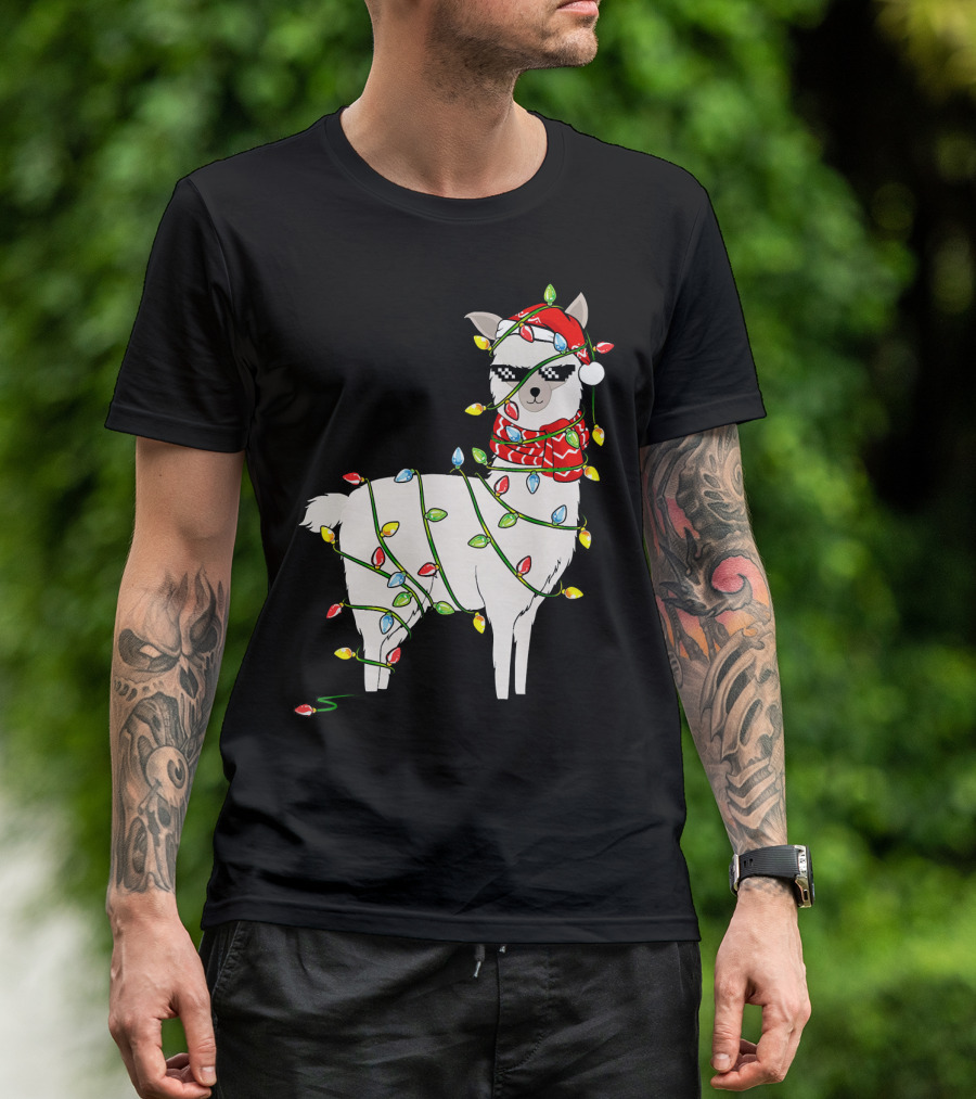 Llama Wrapped In Christmas Lights Wearing Santa Hat And Scarf T-Shirt