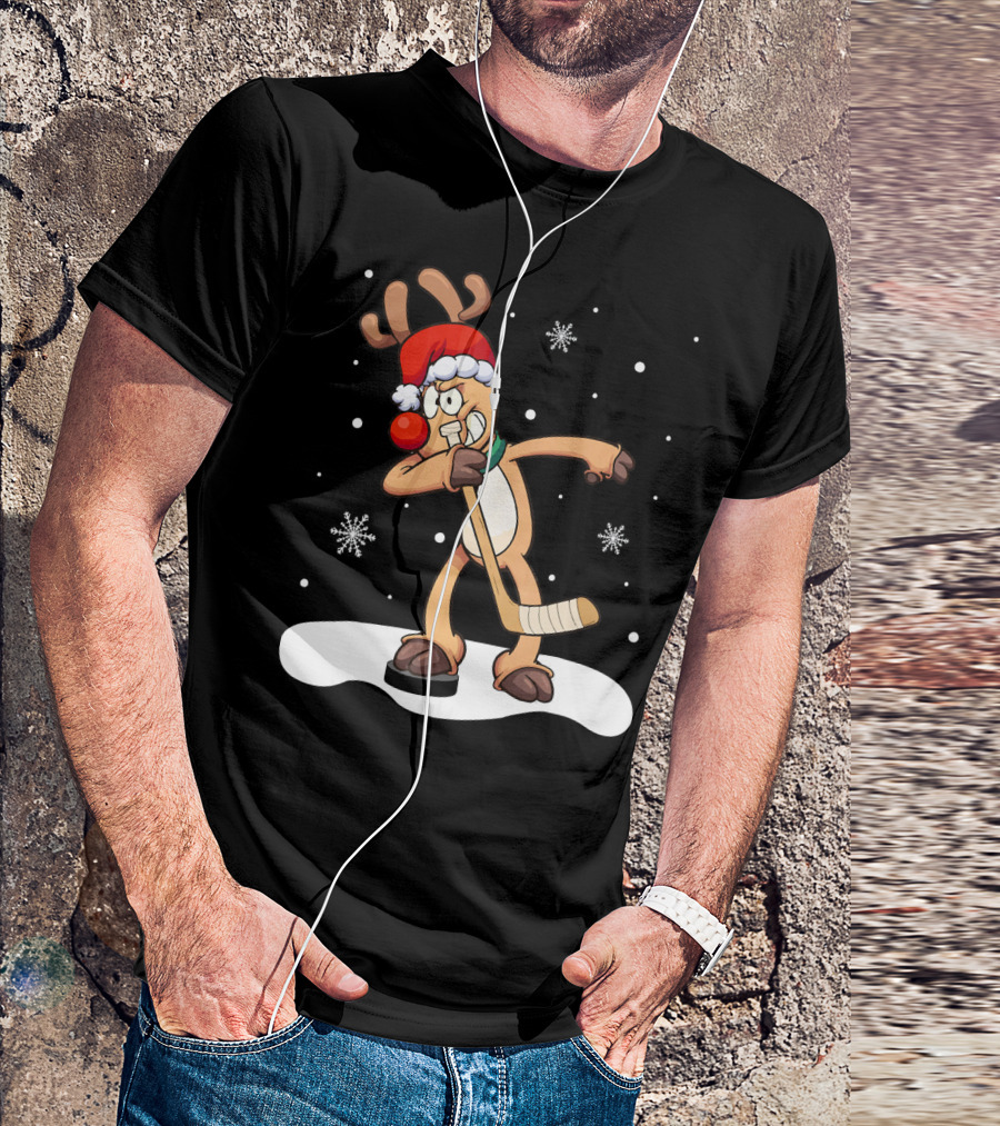 Funny Dabbing Reindeer Playing Ice Hockey Xmas Snowflakes T-Shirt