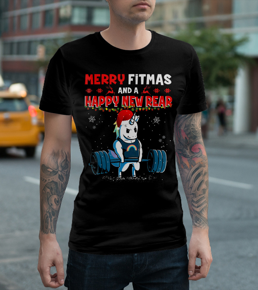 Merry Fitmas And A Happy New Rear Unicorn Weightlifting Santa Hat Snowflakes T-Shirt
