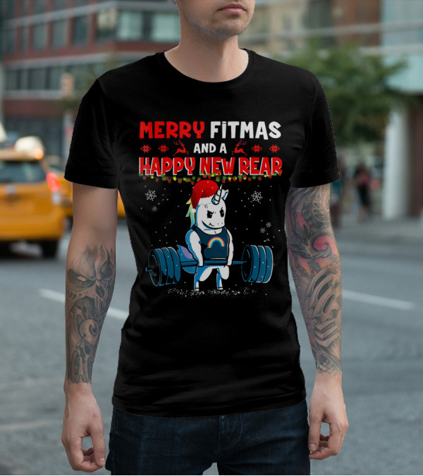 Merry Fitmas And A Happy New Rear Unicorn Weightlifting Santa Hat Snowflakes T-Shirt