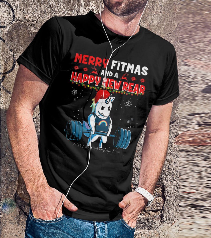Merry Fitmas And A Happy New Rear Unicorn Weightlifting Santa Hat Snowflakes T-Shirt