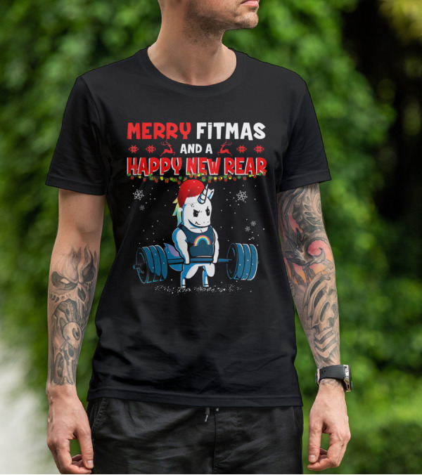 Merry Fitmas And A Happy New Rear Unicorn Weightlifting Santa Hat Snowflakes T-Shirt
