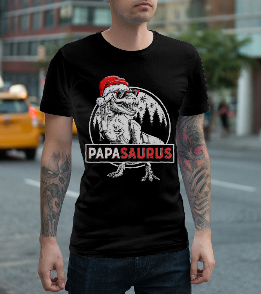 Papasaurus Dinosaur Santa Hat Christmas Snowflake Forest T-Shirt