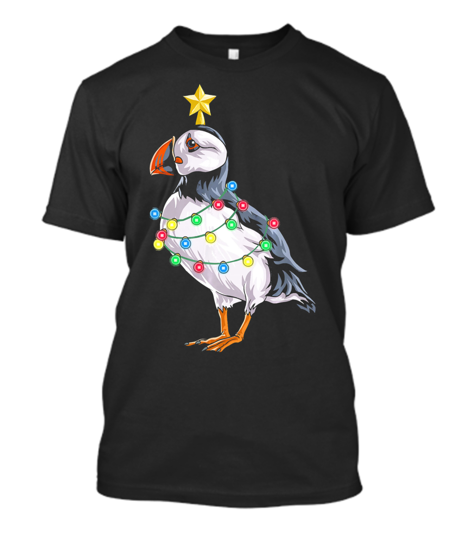 Puffin Bird Wrapped In Christmas Lights With Star T-Shirt