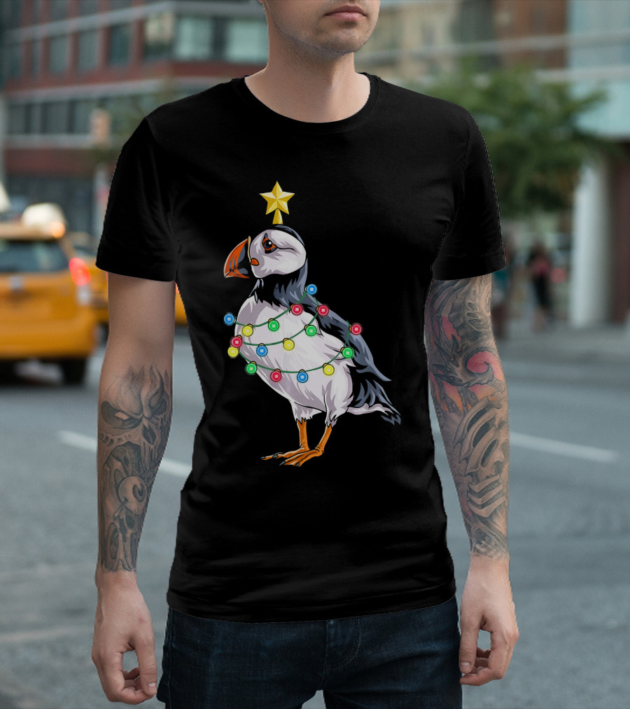Puffin Bird Wrapped in Christmas Lights with Star T-Shirt