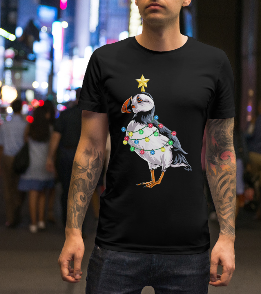 Puffin Bird Wrapped In Christmas Lights With Star T-Shirt