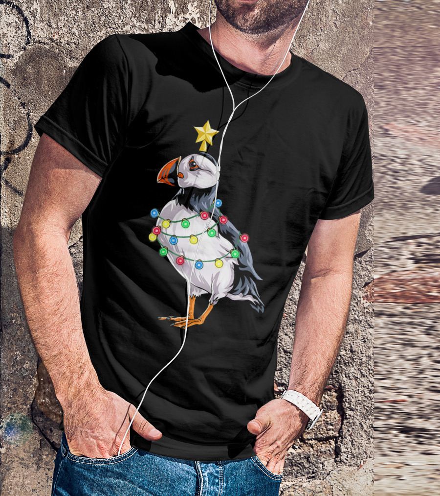 Puffin Bird Wrapped In Christmas Lights With Star T-Shirt