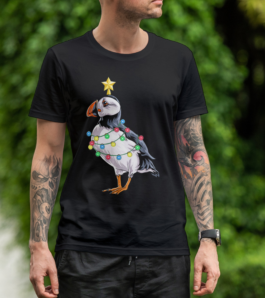 Puffin Bird Wrapped In Christmas Lights With Star T-Shirt
