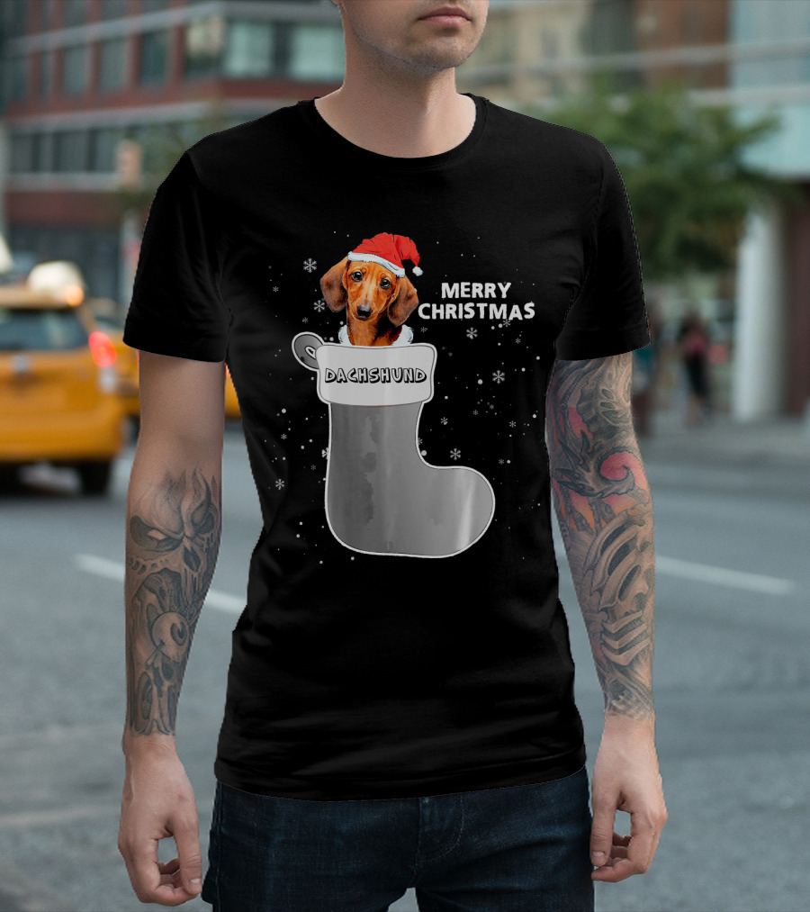 Dachshund Merry Christmas Sock Santa Hat T-Shirt