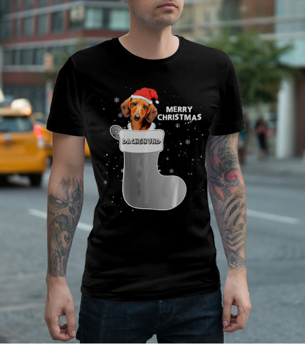 Dachshund Merry Christmas Sock Santa Hat T-Shirt
