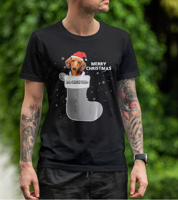Dachshund Merry Christmas Sock Santa Hat T-Shirt