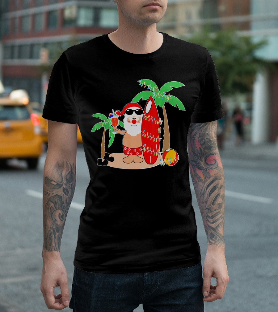 Santa Claus Surfing Hawaiian Summer Palm Trees and Lights T-Shirt