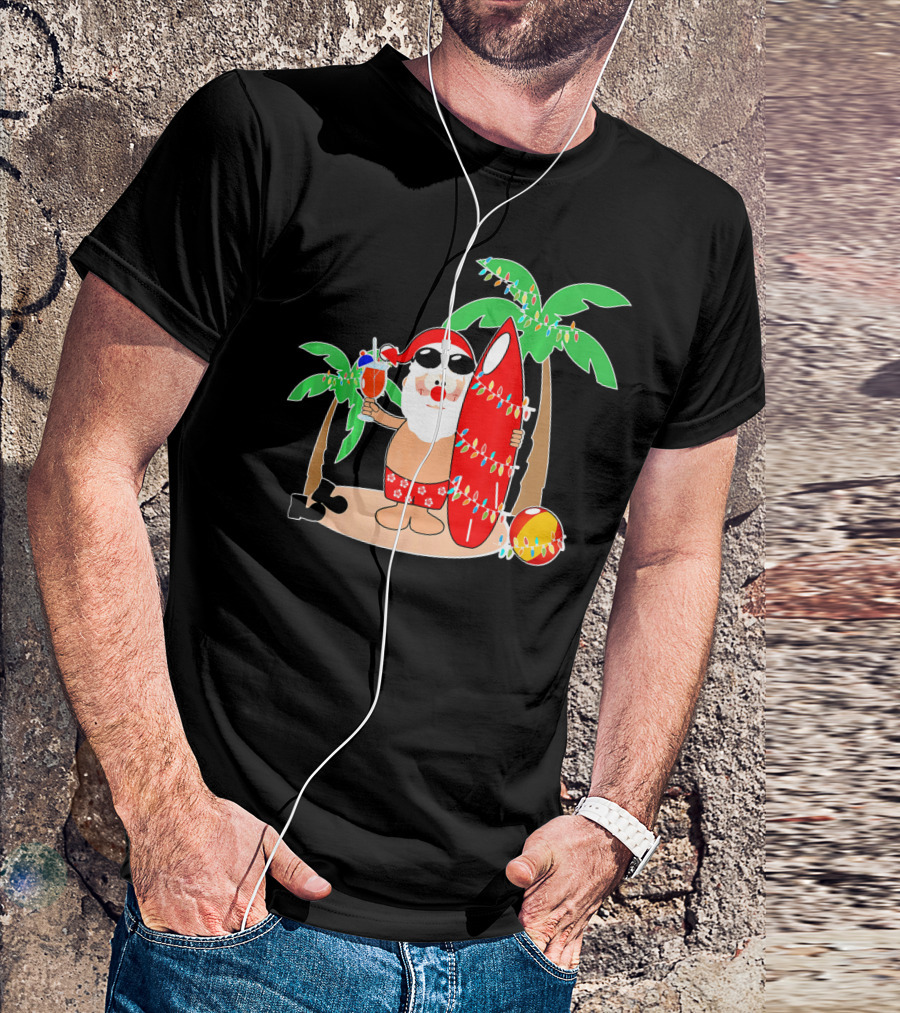 Santa Claus Surfing Hawaiian Summer Palm Trees And Lights T-Shirt