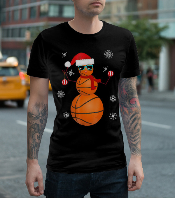 Christmas Basketball Snowman Santa With Sunglasses And Ornaments T-Shirt