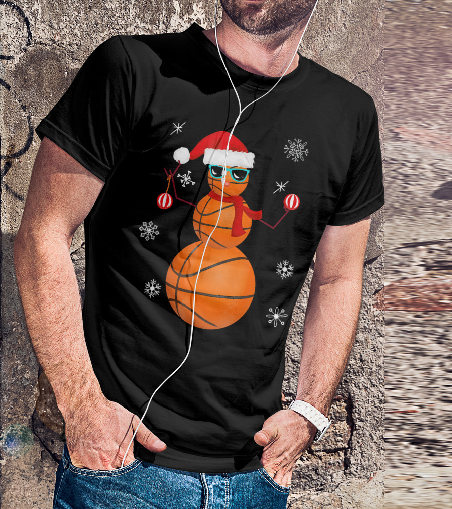 Christmas Basketball Snowman Santa With Sunglasses And Ornaments T-Shirt