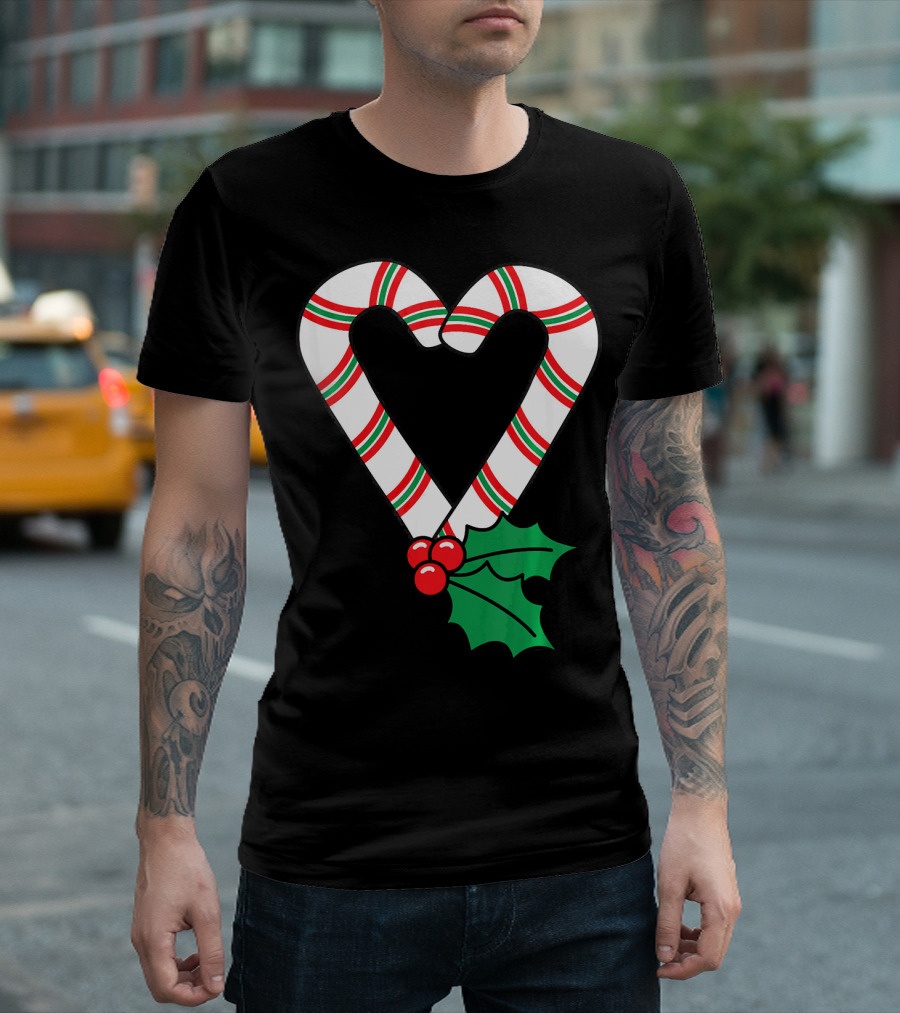 Christmas Candy Cane Heart Holly Berry T-Shirt