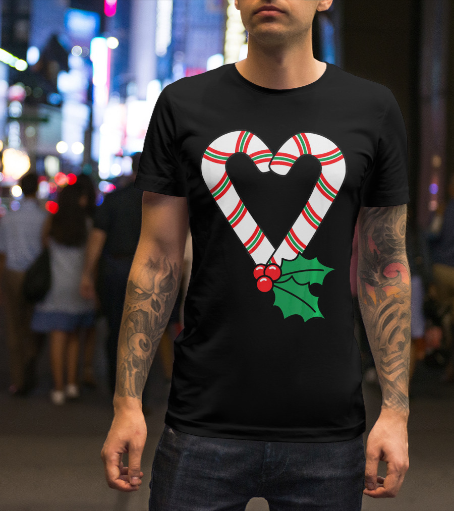 Christmas Candy Cane Heart Holly Berry T-Shirt