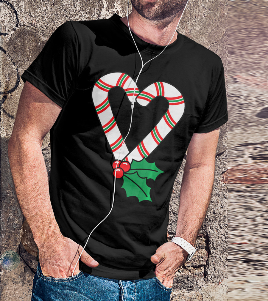 Christmas Candy Cane Heart Holly Berry T-Shirt