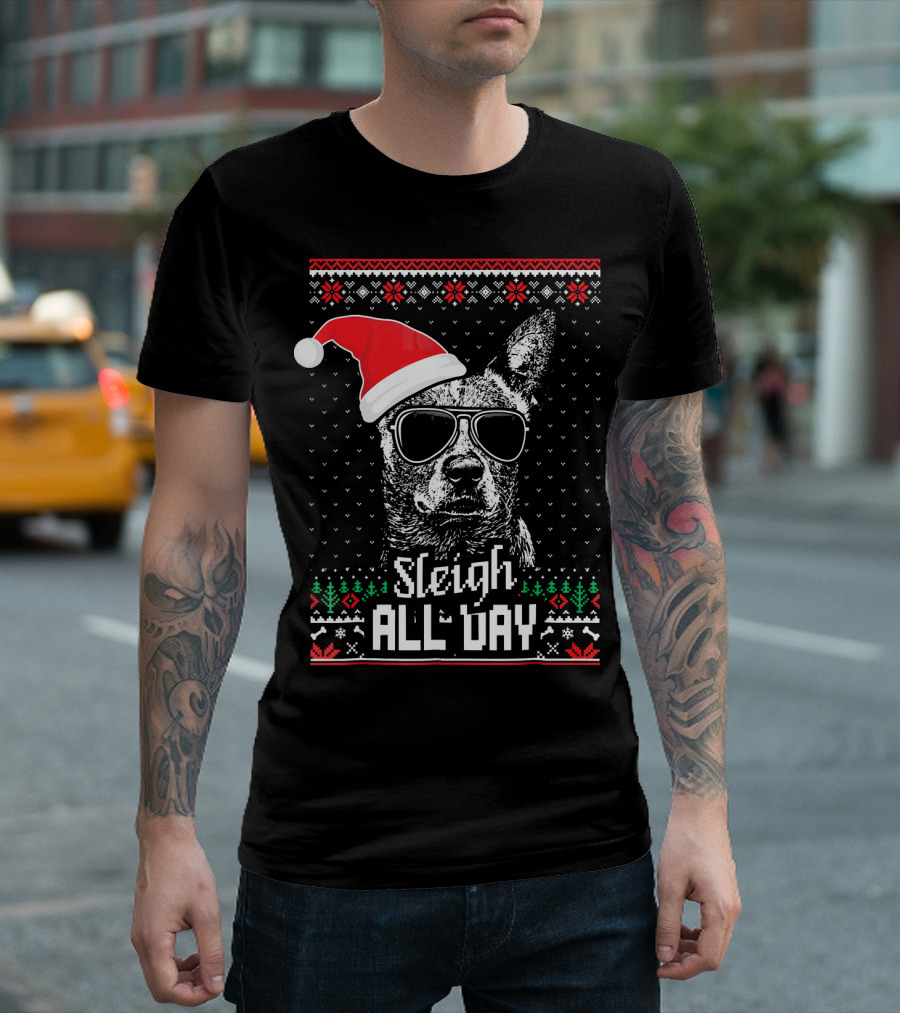 Sleigh All Day Funny Australian Cattle Dog Christmas Santa Hat Sunglasses Festive Knit T-Shirt