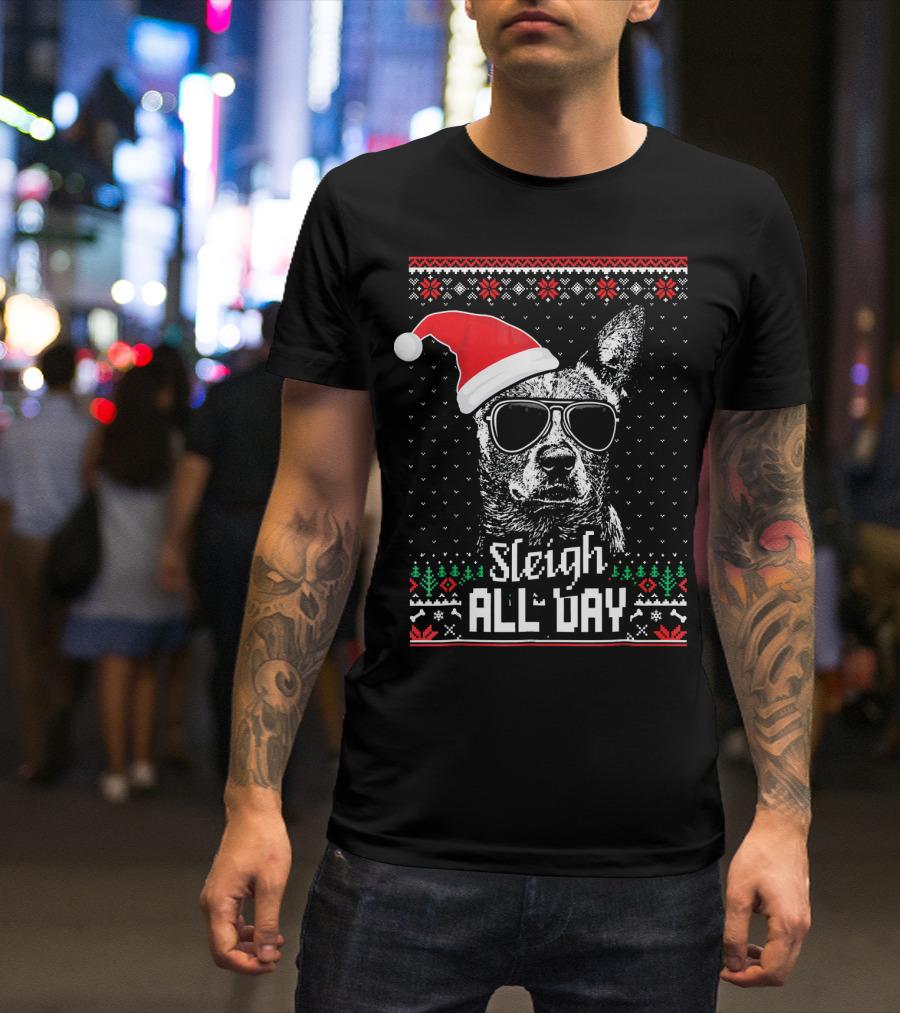 Sleigh All Day Funny Australian Cattle Dog Christmas Santa Hat Sunglasses Festive Knit T-Shirt