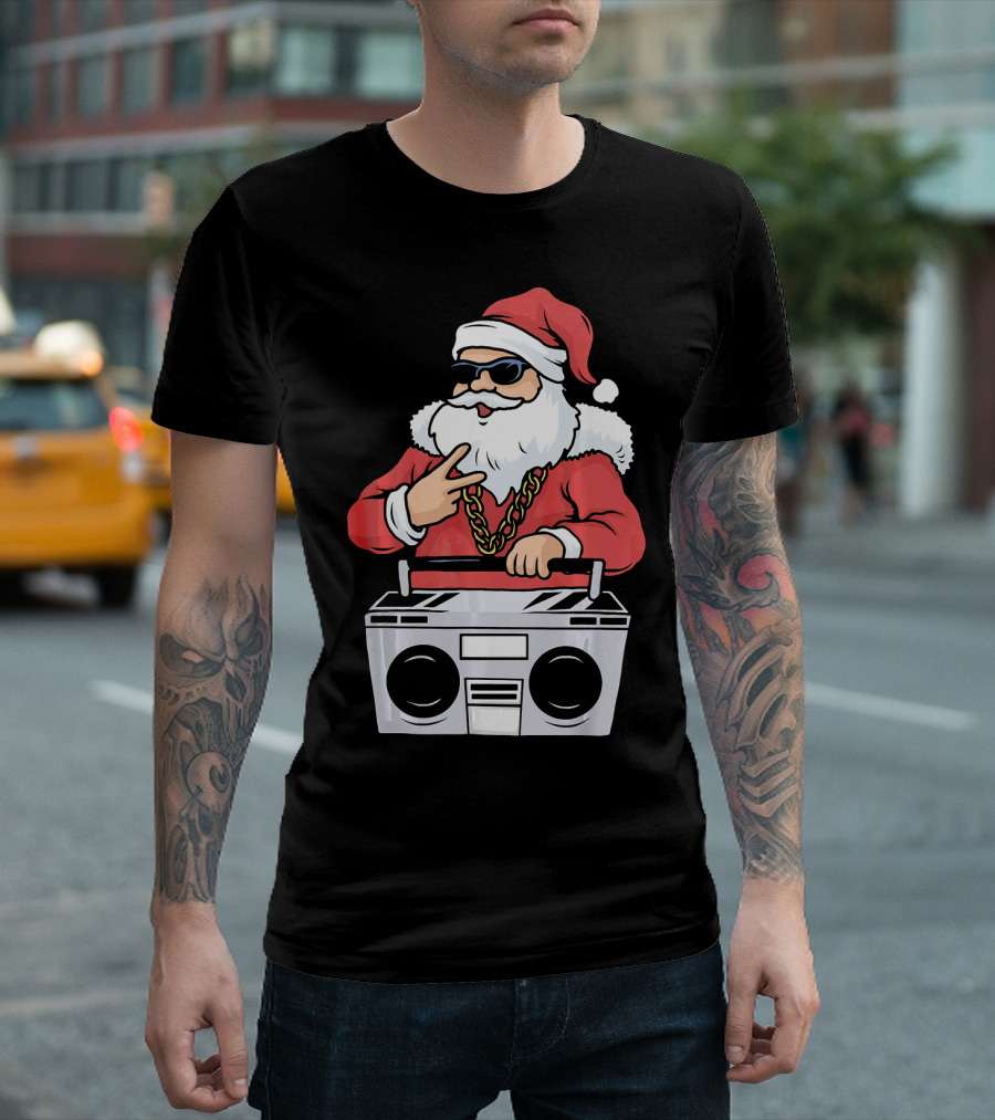 Santa Claus Rapper Style with Boombox and Bling T-Shirt