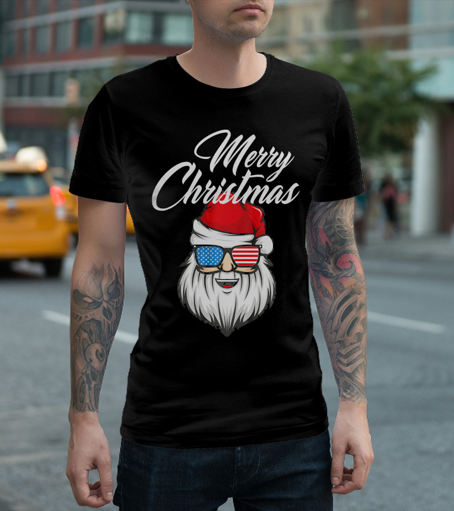 Merry Christmas Santa Claus Patriotic US Flag Sunglasses T-Shirt