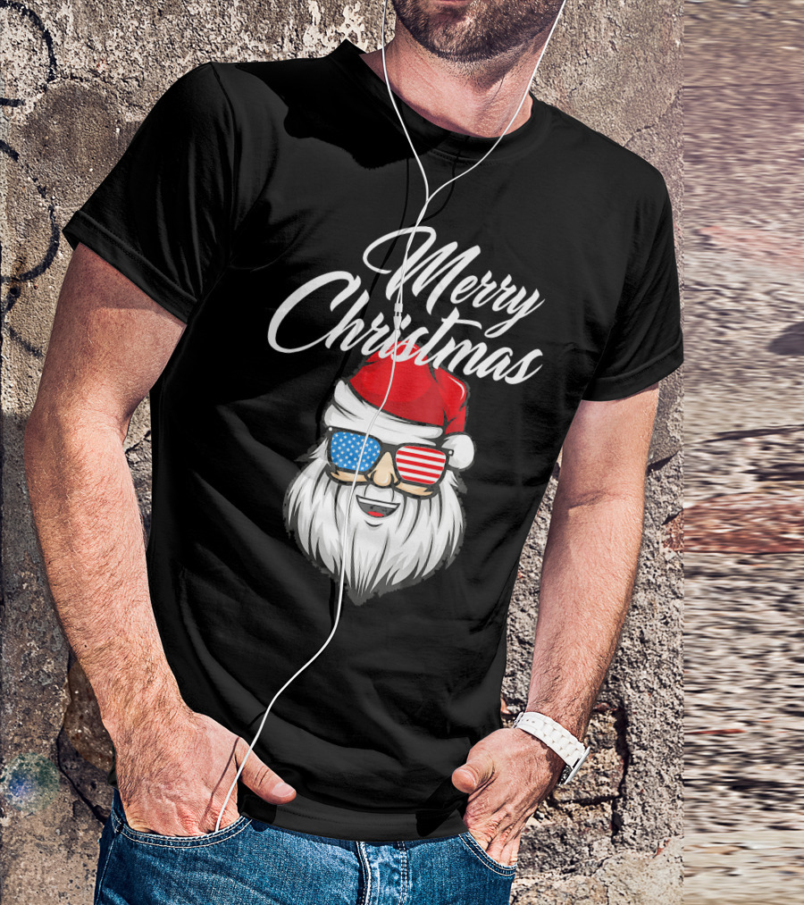 Merry Christmas Santa Claus Patriotic US Flag Sunglasses T-Shirt