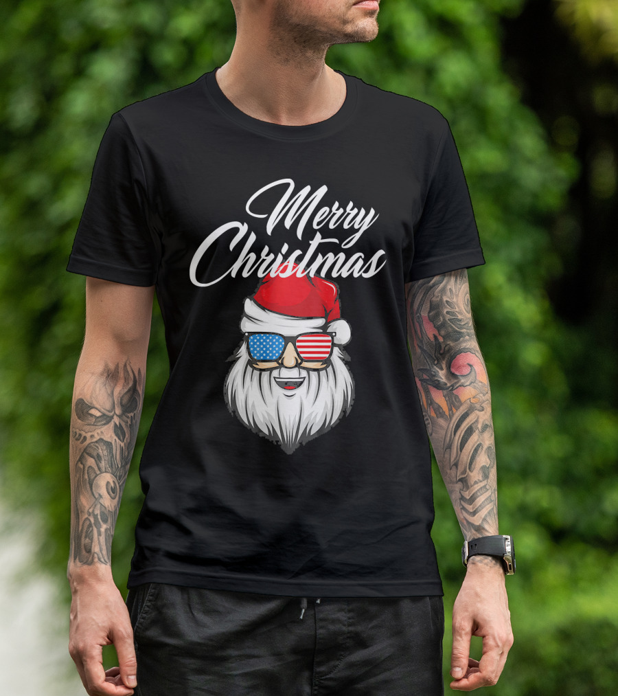 Merry Christmas Santa Claus Patriotic US Flag Sunglasses T-Shirt