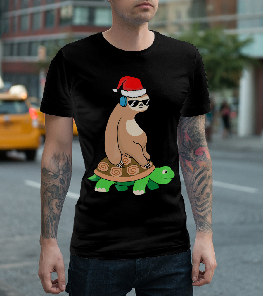 Xmas Sloth Riding Turtle Lazy Sloth Santa Hat Sunglasses T-Shirt