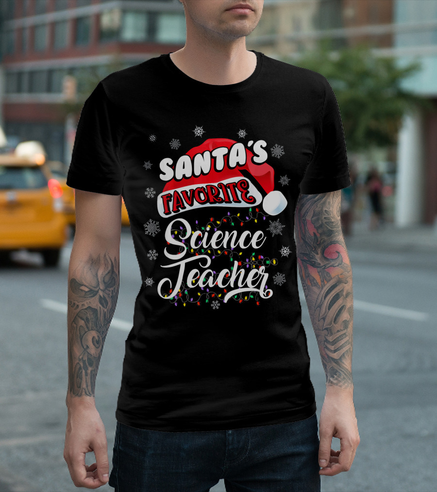 Santa's Favorite Science Teacher Santa Hat Snowflakes Lights T-Shirt
