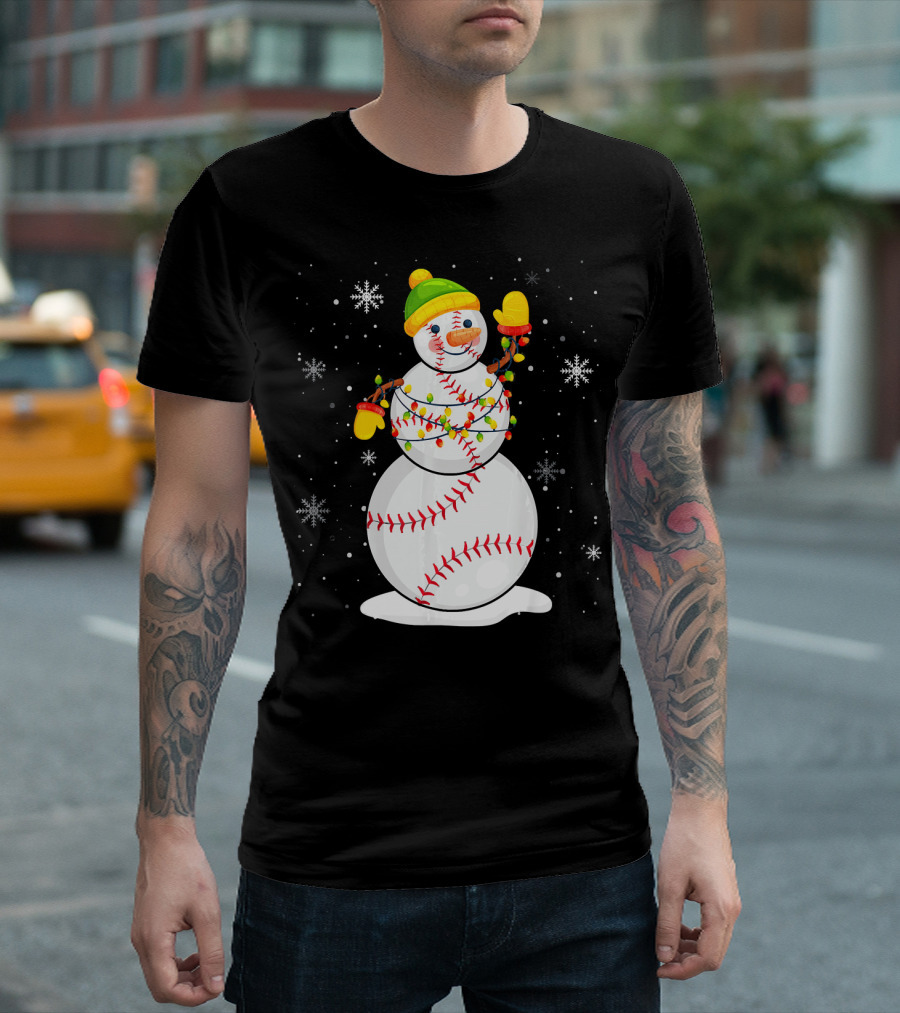 Christmas Snowman with Baseball Stitching and Santa Hat T-Shirt