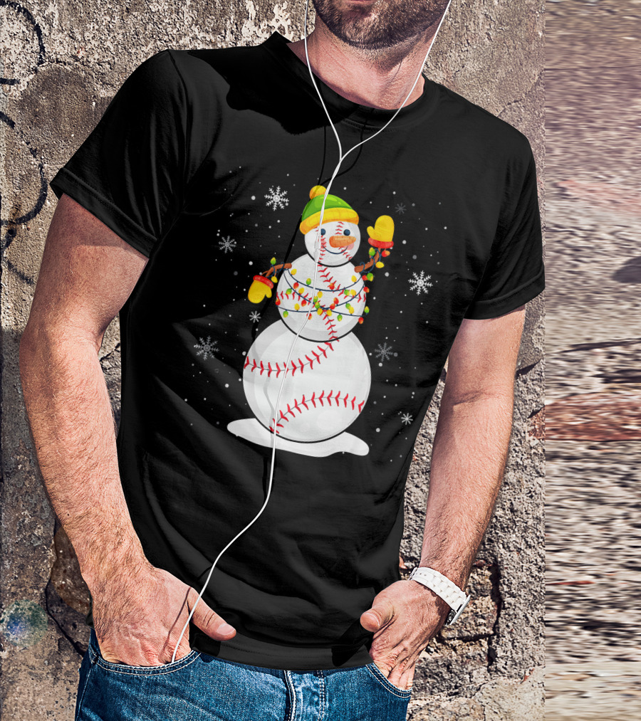 Christmas Snowman With Baseball Stitching And Santa Hat T-Shirt