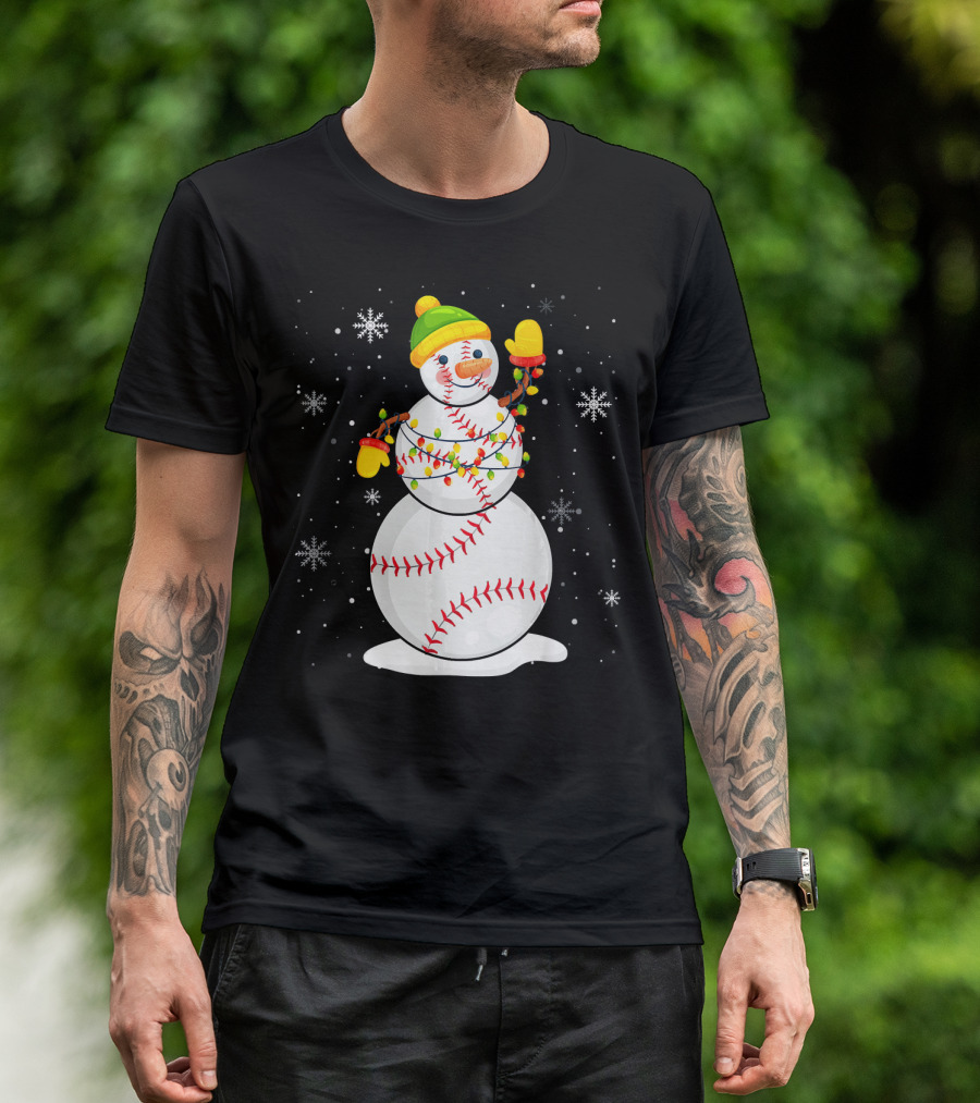 Christmas Snowman With Baseball Stitching And Santa Hat T-Shirt