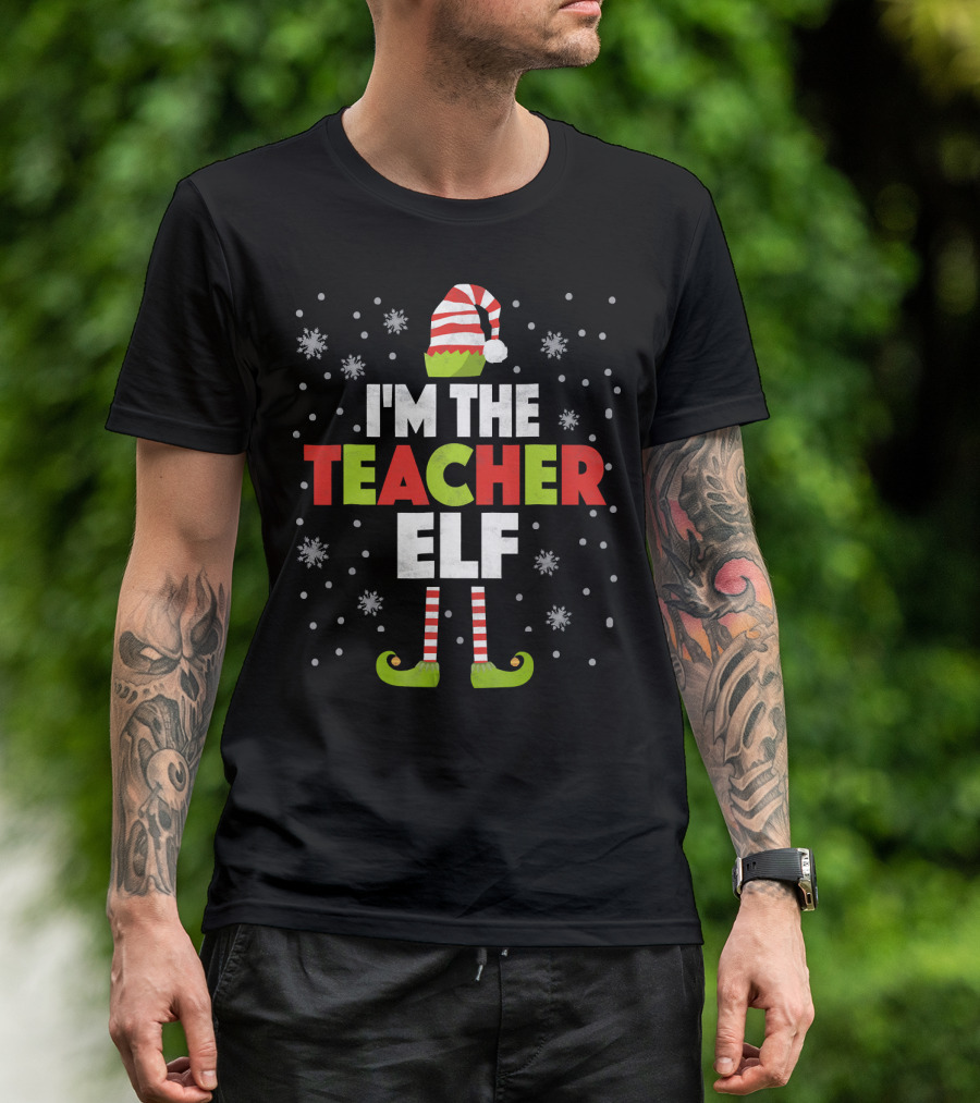 I'm The Teacher Elf Striped Hat And Shoes Snowflakes T-Shirt