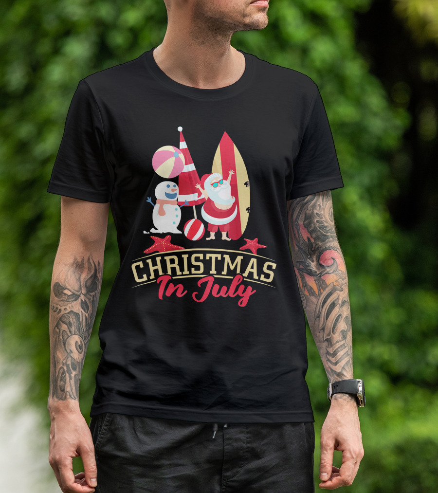 Christmas In July Santa Surfing Snowman Beach Ball T-Shirt