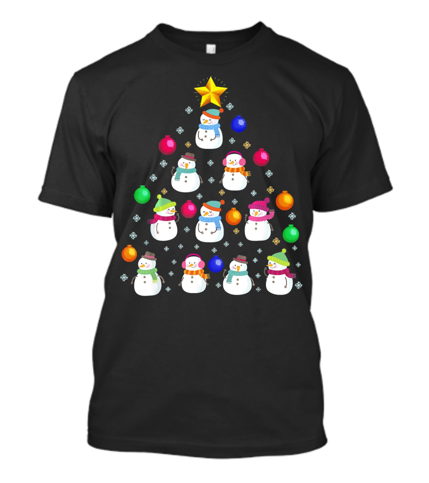 Funny Snowman Christmas Tree Ornament With Colorful Baubles And Star T-Shirt