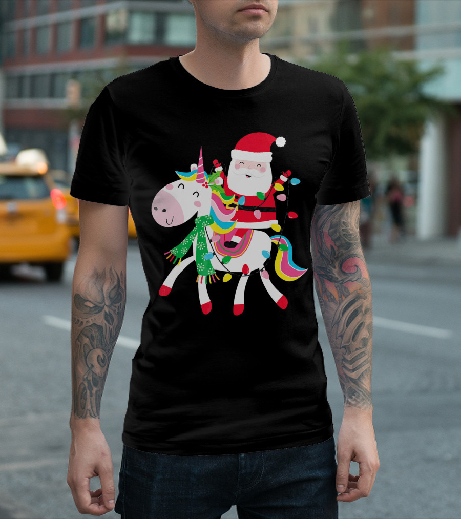 Santa Claus Riding Unicorn with Christmas Lights and Scarf T-Shirt