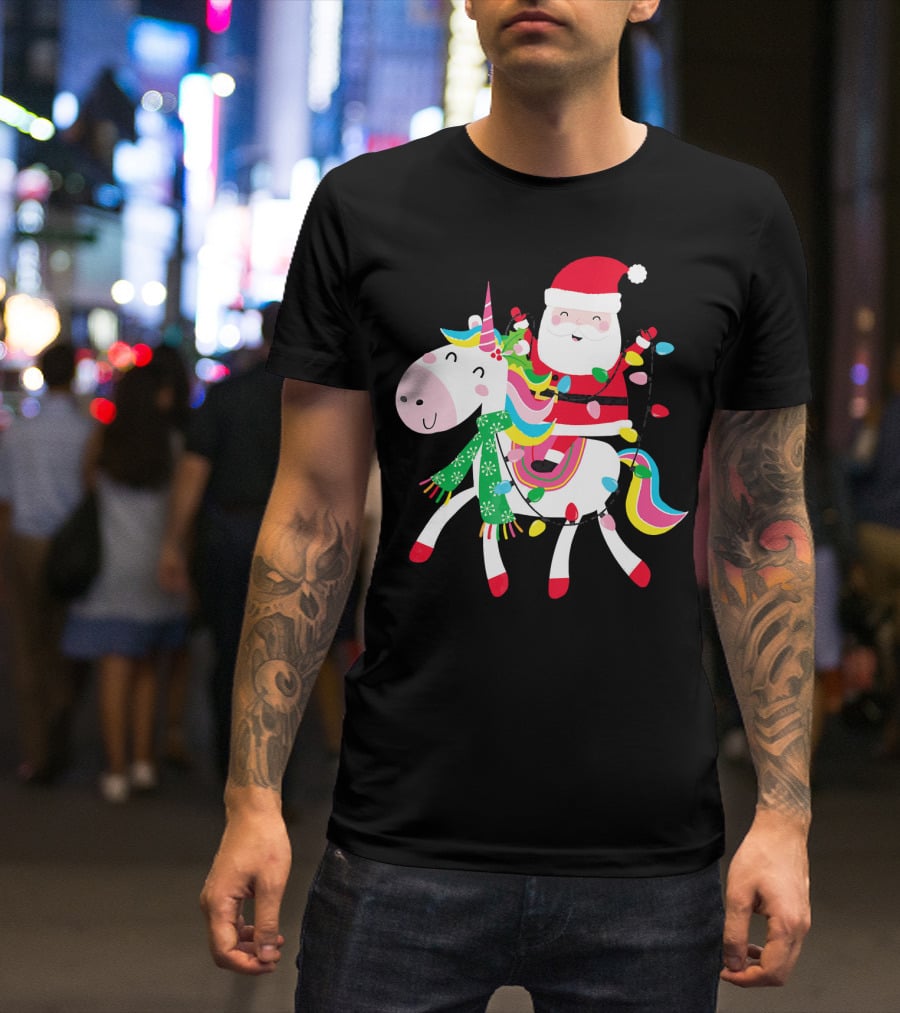 Santa Claus Riding Unicorn With Christmas Lights And Scarf T-Shirt
