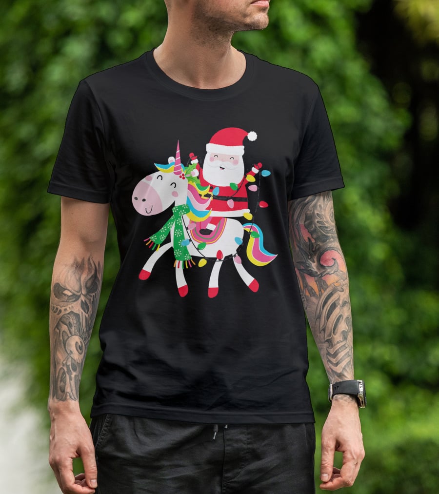Santa Claus Riding Unicorn With Christmas Lights And Scarf T-Shirt