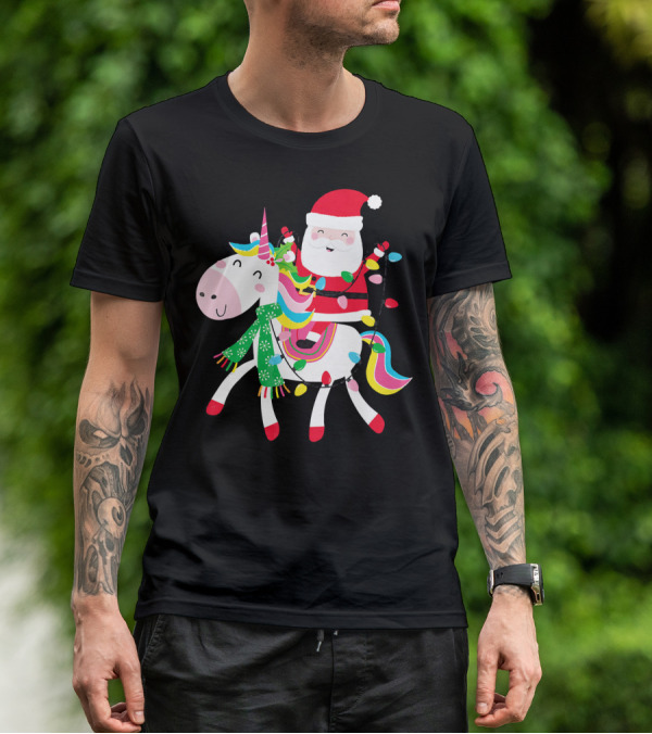 Santa Claus Riding Unicorn With Christmas Lights And Scarf T-Shirt