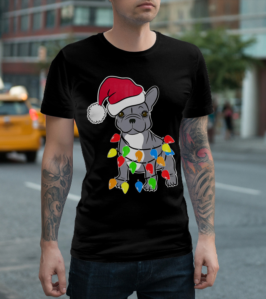 Santa French Bulldog with Christmas Lights T-Shirt