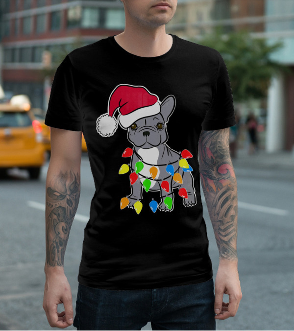 Santa French Bulldog With Christmas Lights T-Shirt